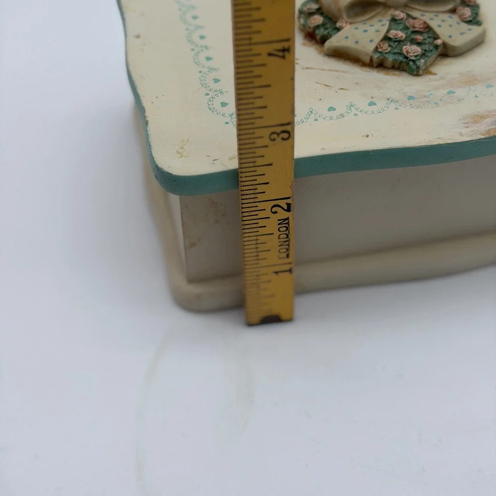Vintage Shabby Chic Wooden Jewelry Box Cream Teal Floral Bow Heart Detail Taiwan